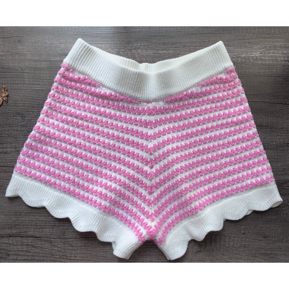 YLLW The Label Pink White Striped Scalloped Knit Shorts M High Rise Wool Blend